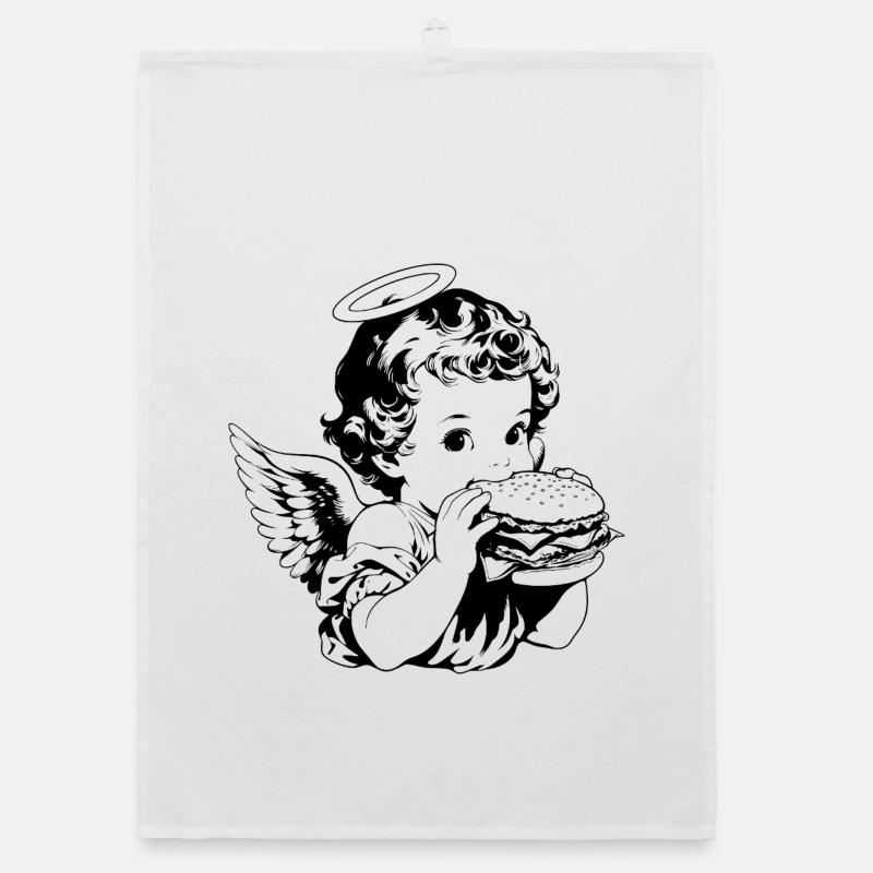 Burger Engel – Cherub eats hamburger vintage Organic dish towel