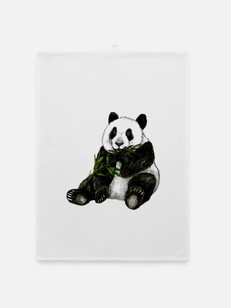 Handgemaltes Pandabär Design mit grünem Bambus - Organic Geschirrtuch - Weiß