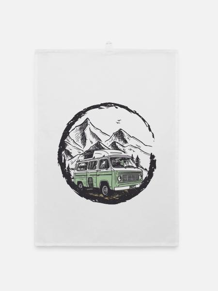 Camping-car rétro dans le cercle de la montagne - Torchon bio - blanc - Devant