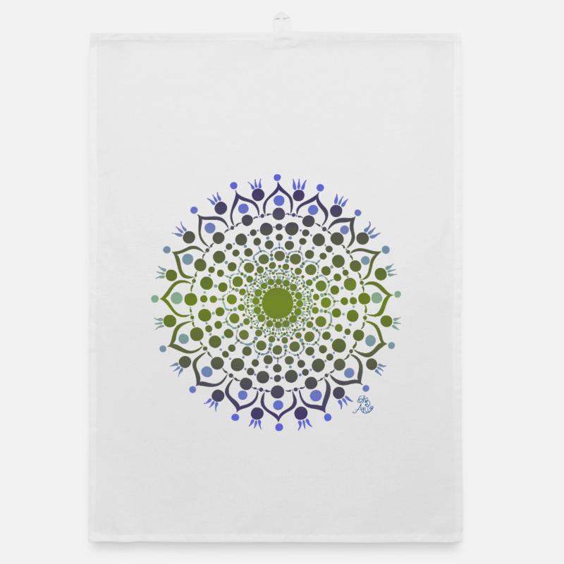 Mandala de fleurs en bleu et vert - Torchon bio - blanc