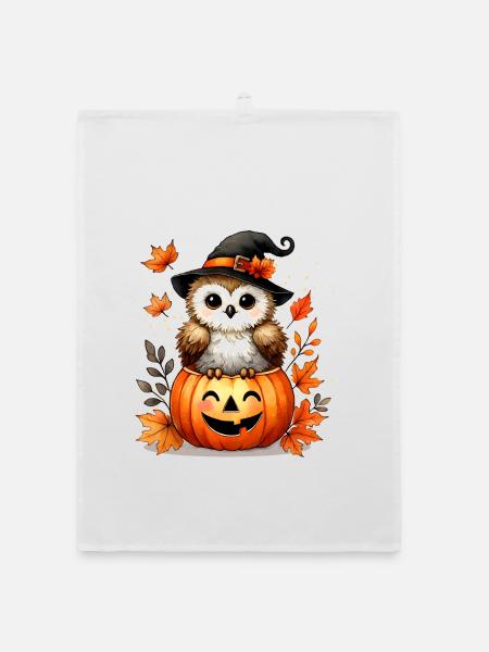 Halloween-Eule im Kürbis:herbstlicher Gruselspaß - Organic Geschirrtuch - Weiß - Vorne