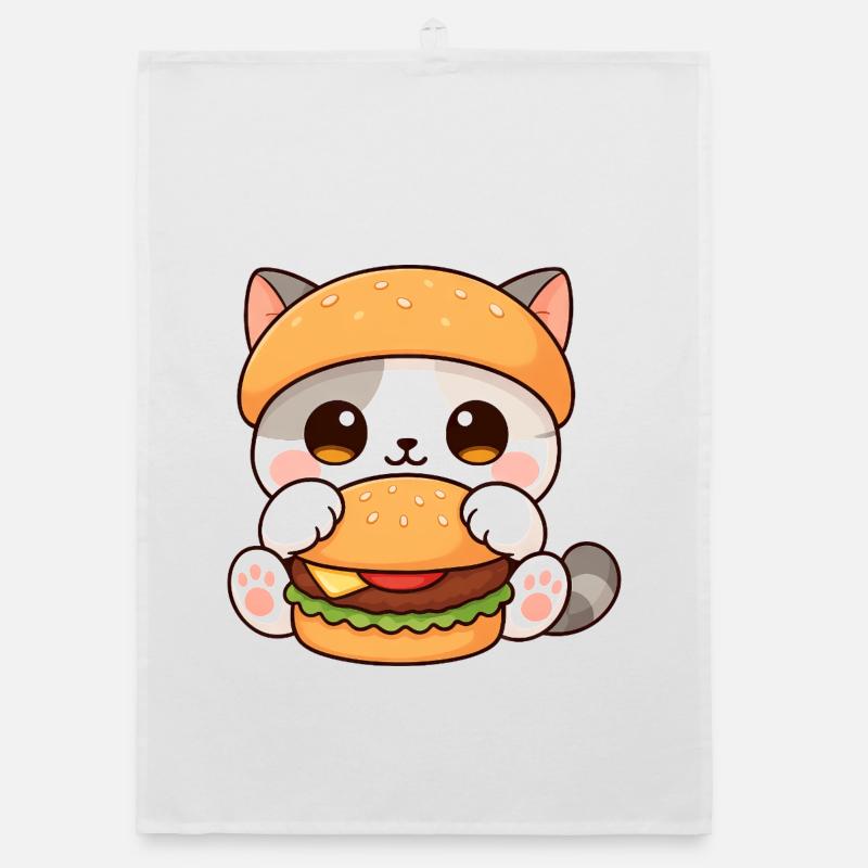 Mignon dessin animé chat burger amateur de restauration rapide - Torchon bio - blanc
