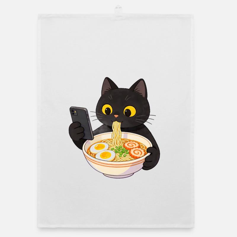 Chat noir avec smartphone et nouilles ramen - Torchon bio - blanc