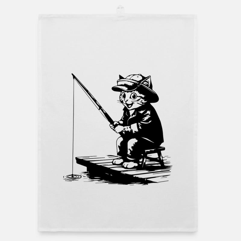 Chat pêcheur mignon - Design de pêche drôle Torchon bio