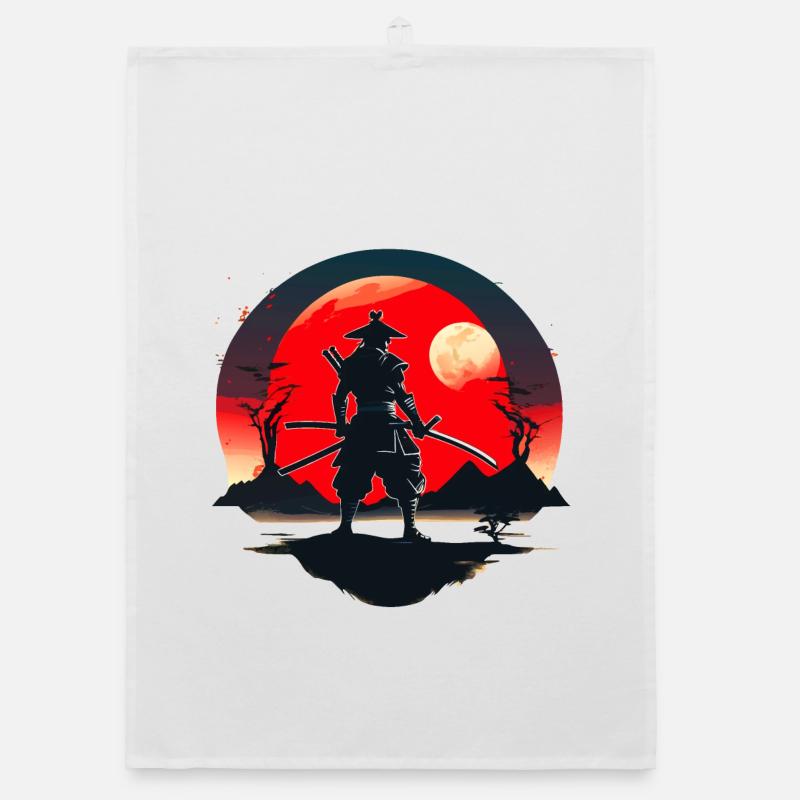 Samurai Silhouette with Red Moon Background - Organic dish towel - white