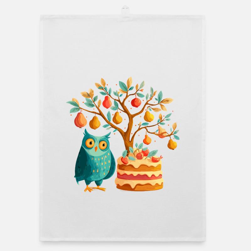 Fruit tree and owl cake Organic dish towel