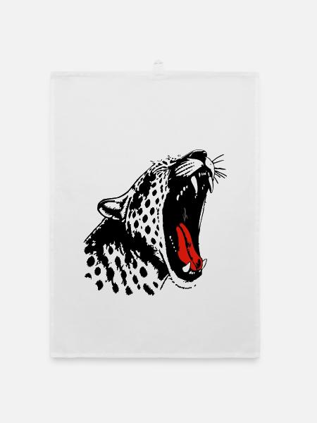 Monochrom Schwarz: Leopard mit Akzent Roter Zunge - Organic Geschirrtuch - Weiß - Vorne