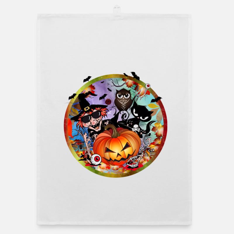 Halloween Pumpkin with Witch, Cat, Bat & Owl Organic dish towel