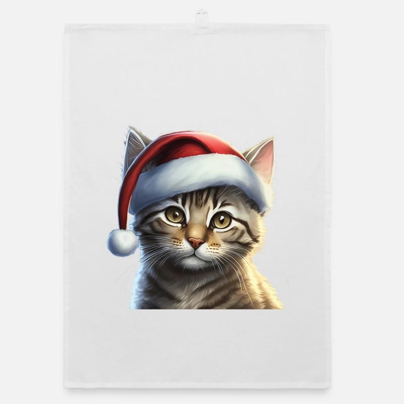 Kitten with Santa hat - Organic dish towel - white