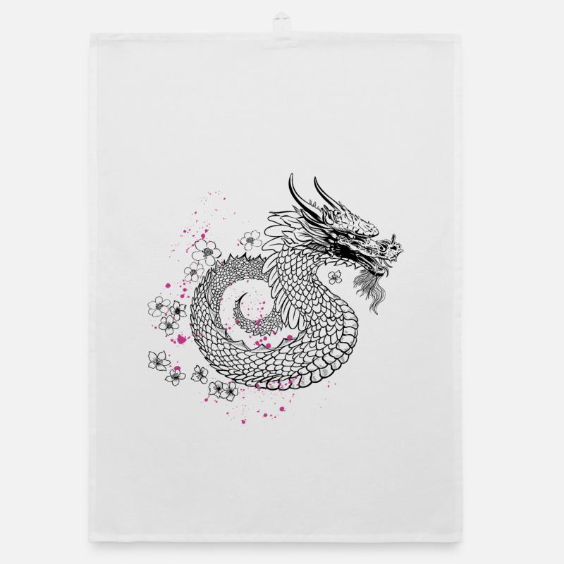 Dragon with Cherry Blossoms Sakura Style Organic dish towel