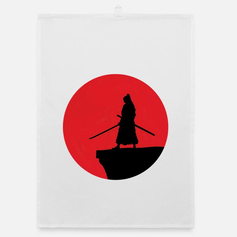 Silhouette de samouraï devant la lune rouge Torchon bio