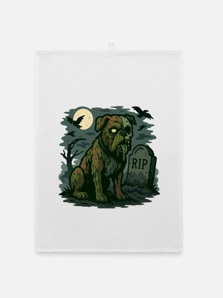Zombie Bulldog - Undead Dog Halloween Design. - Organic dish towel - white - Front