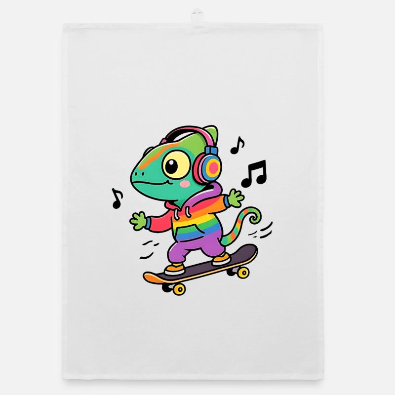 Rainbow Chameleon on Skate Organic dish towel