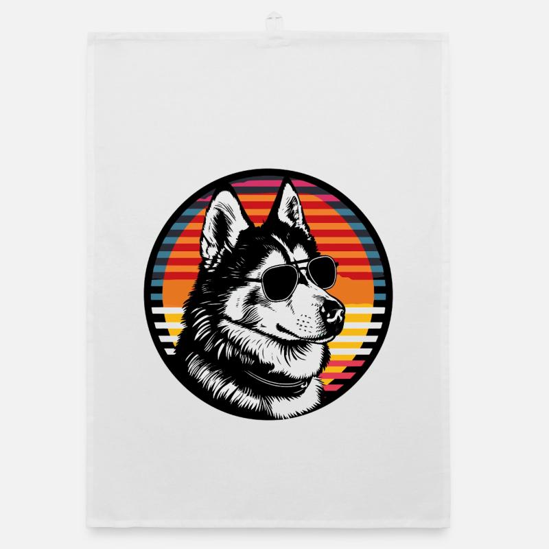 Husky sunset with sunglasses Organic dish towel