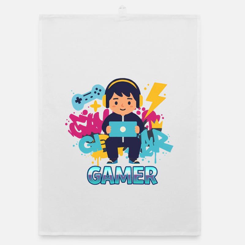 Gamer Kid mit Gamepad und Kopfhörern Organic Geschirrtuch