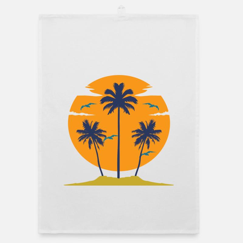 Coucher de soleil avec silhouette de palmiers - Torchon bio - blanc