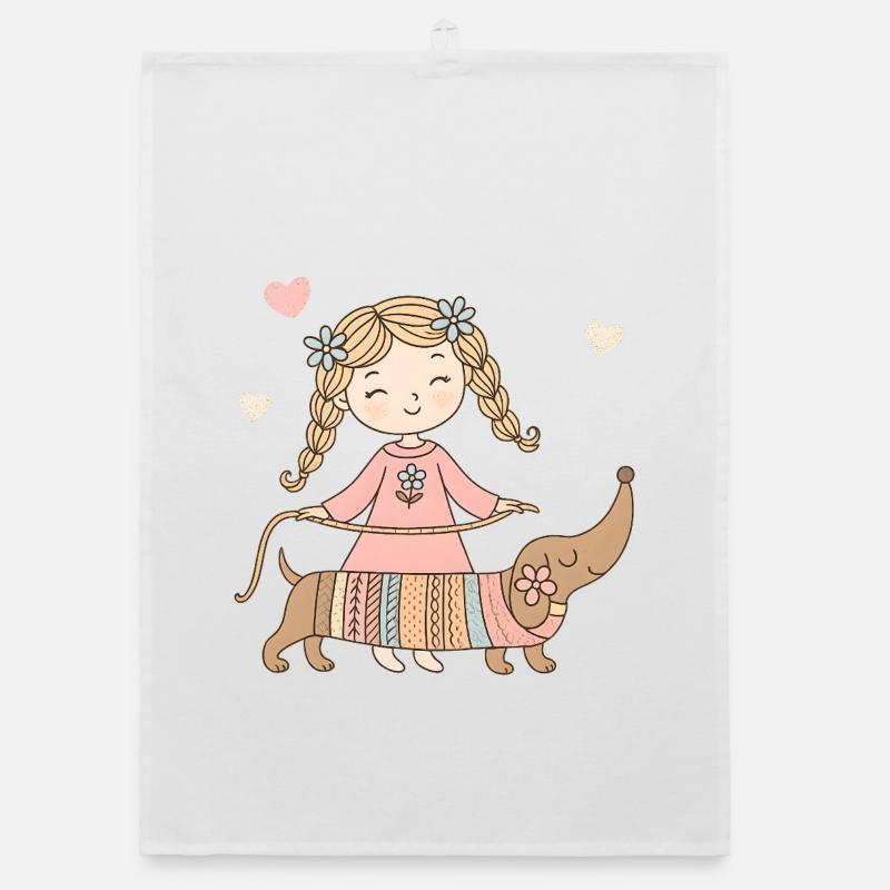 Mädchen mit Dackel – Süßes Kinder Tier Design - Organic Geschirrtuch - Weiß
