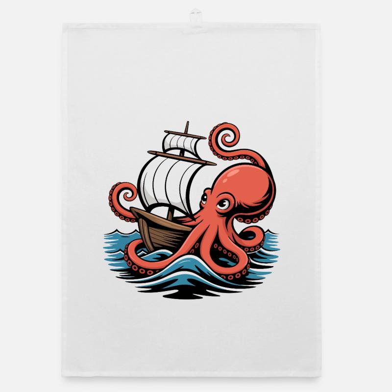 Octopus Entwines Sailing Ship Squid Ship Organic dish towel