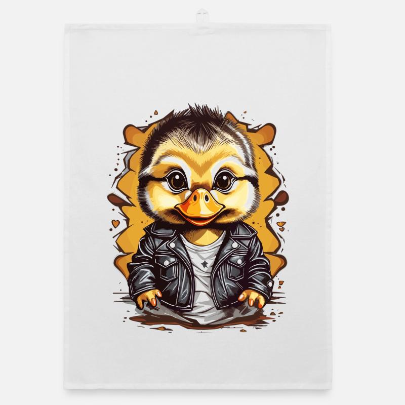 Cute duck with leather jacket Organic dish towel