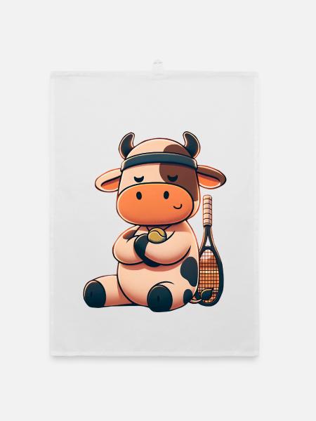 Cute tennis cow with racket and ball - Organic dish towel - white - Front