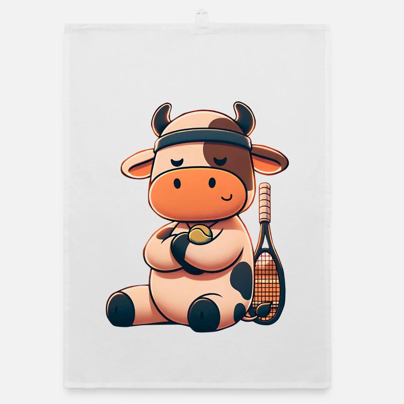 Mignonne vache de tennis avec raquette et balle Torchon bio