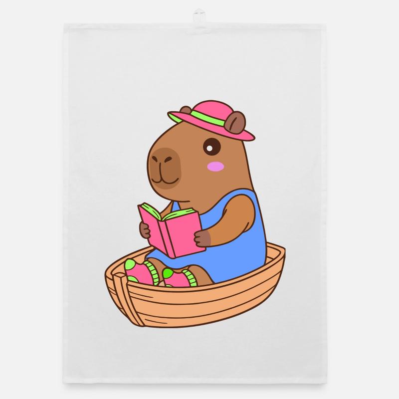 Capybara lisant dans une barque - Modèle d'été Torchon bio