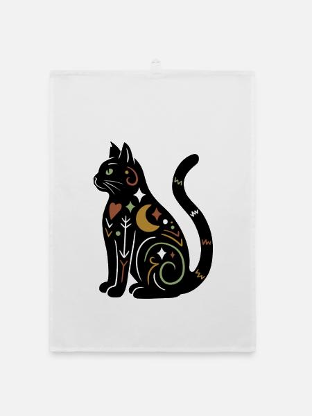 Magische Katze - Schwarz Bunt - Organic Geschirrtuch - Weiß - Vorne