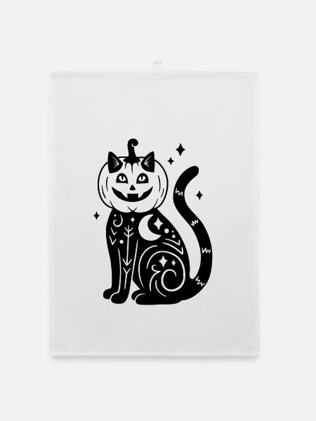 Halloween Katze Kürbiskostüm - Schwarz mit Sternen - Organic Geschirrtuch - Weiß - Vorne