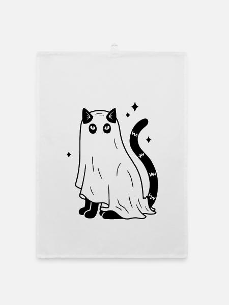 Halloween Katze Gespenst - Schwarz mit Sternen - Organic Geschirrtuch - Weiß