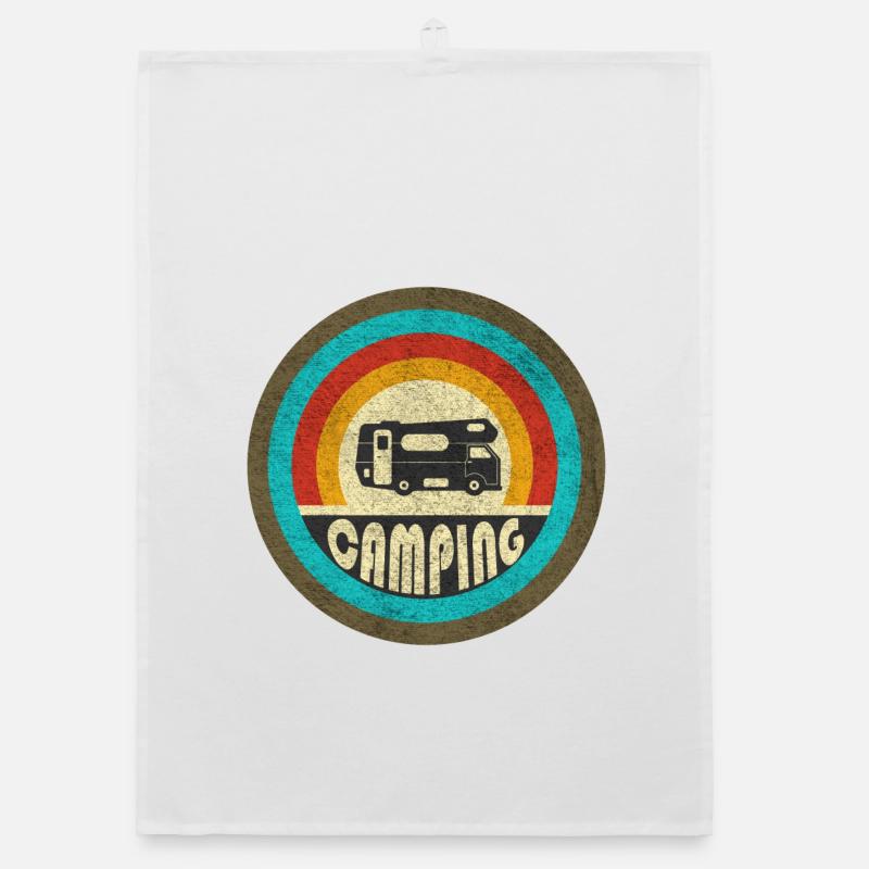 Camping design vintage / idée cadeau - Torchon bio - blanc