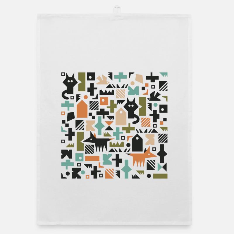 Cat fox bird pattern l multicolour Organic dish towel