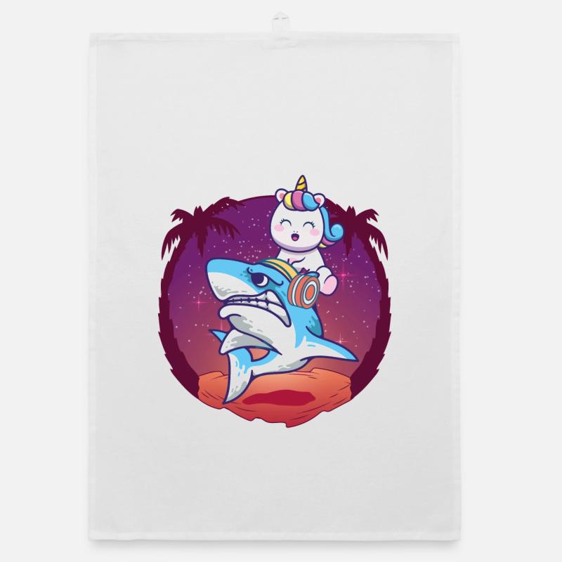 Licorne chevauchant un requin - Torchon bio - blanc