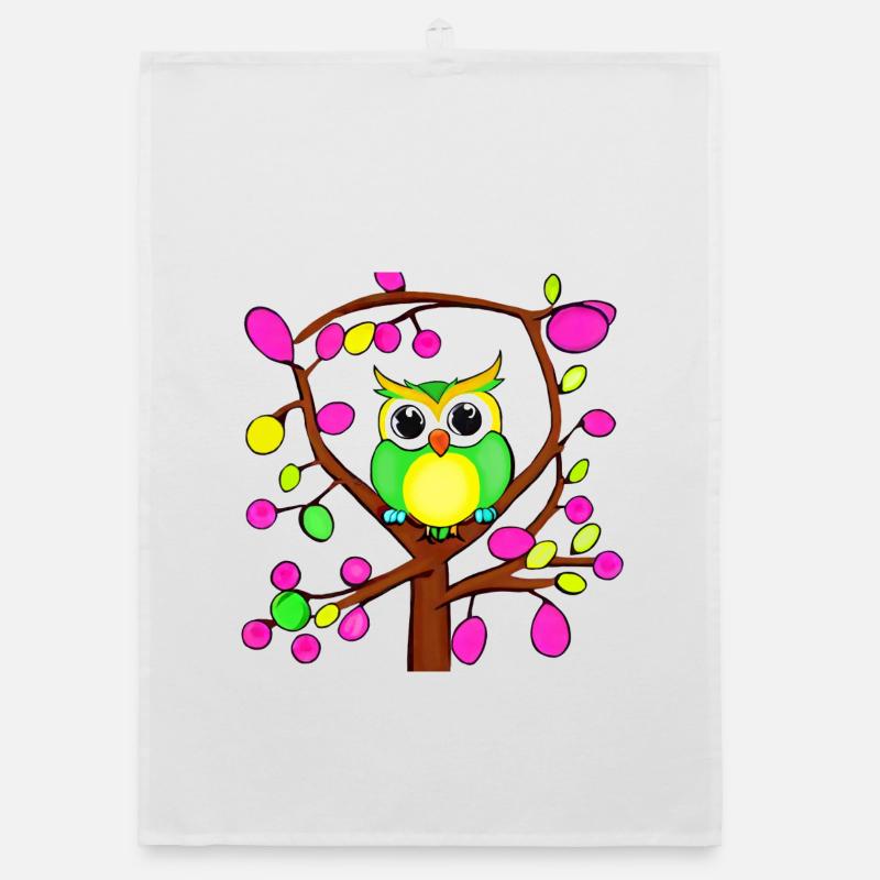Glückliche Eule in einem bunten Baum Organic Geschirrtuch