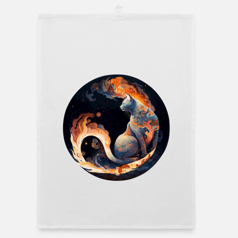 Fiery cat magic in constellation design Organic dish towel