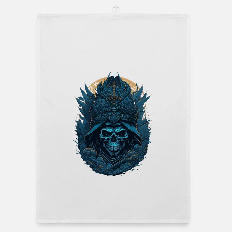 crane squelette samouraï bleu - blue samurai skull Torchon bio