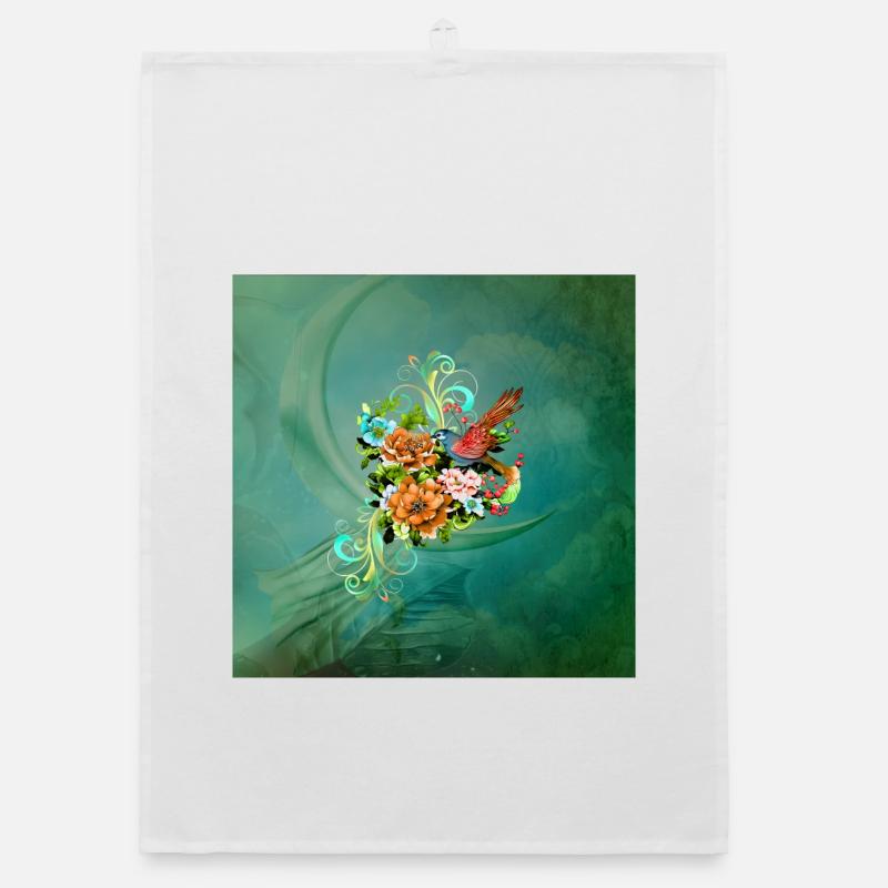 Wunderschöne elegante Blumen mit Vogel. Organic Geschirrtuch