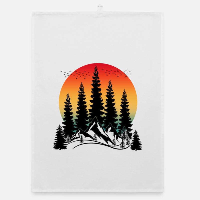 COUCHER DE SOLEIL MONTAGNE ET ARBRES - Torchon bio - blanc