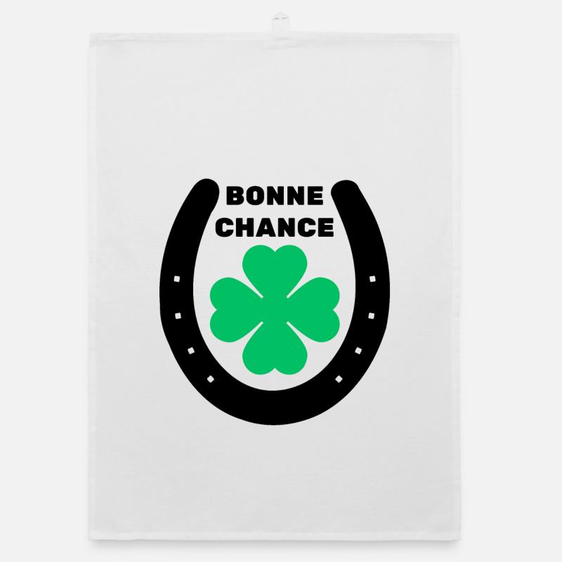 Bonne chance trèfle 4 feuilles fer à cheval - Torchon bio - blanc