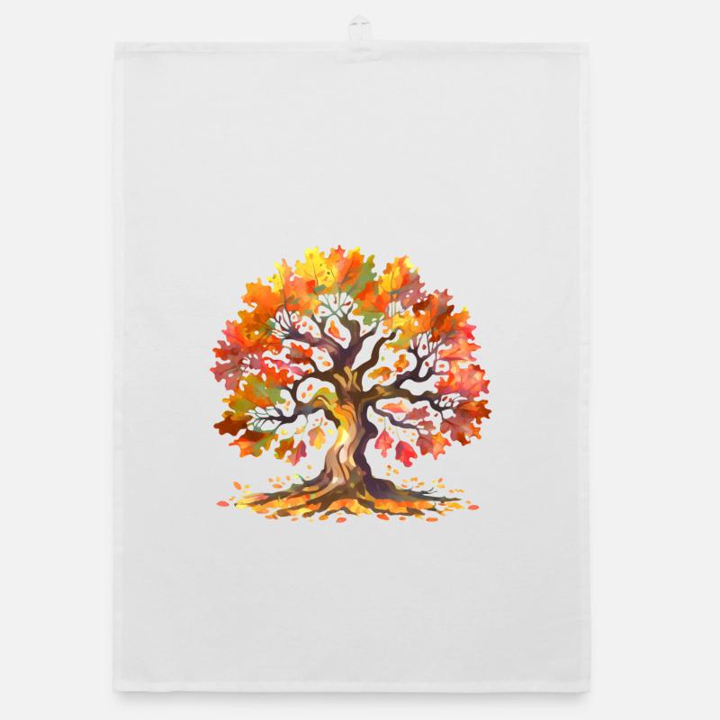 Eiche mit Herbstlaub Aquarell - Organic Geschirrtuch - Weiß