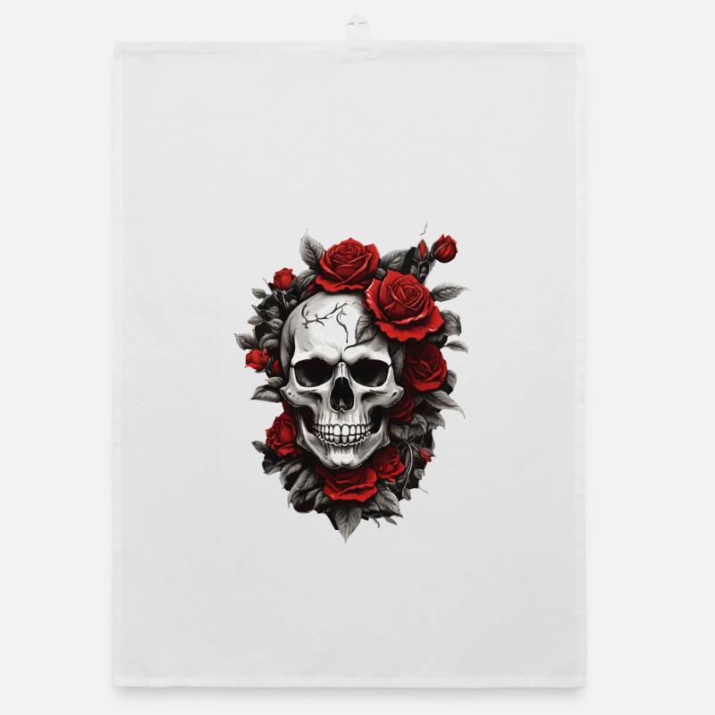 Crâne avec des roses rouges - Torchon bio - blanc