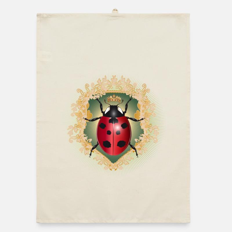 red glowing ladybug with crown in frame Organic dish towel