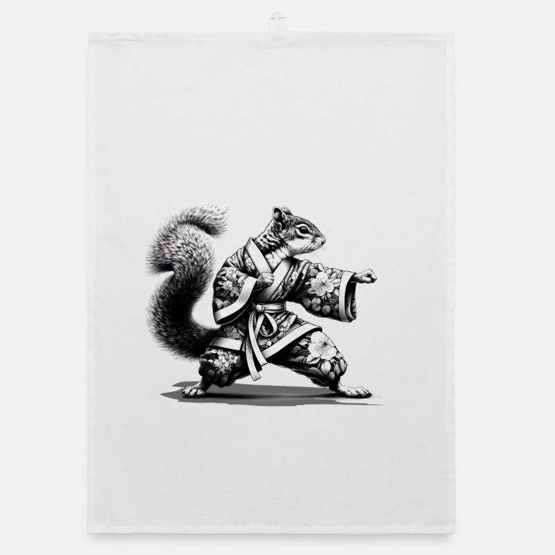 Squirrel with kimono in a kung fu position Organic dish towel