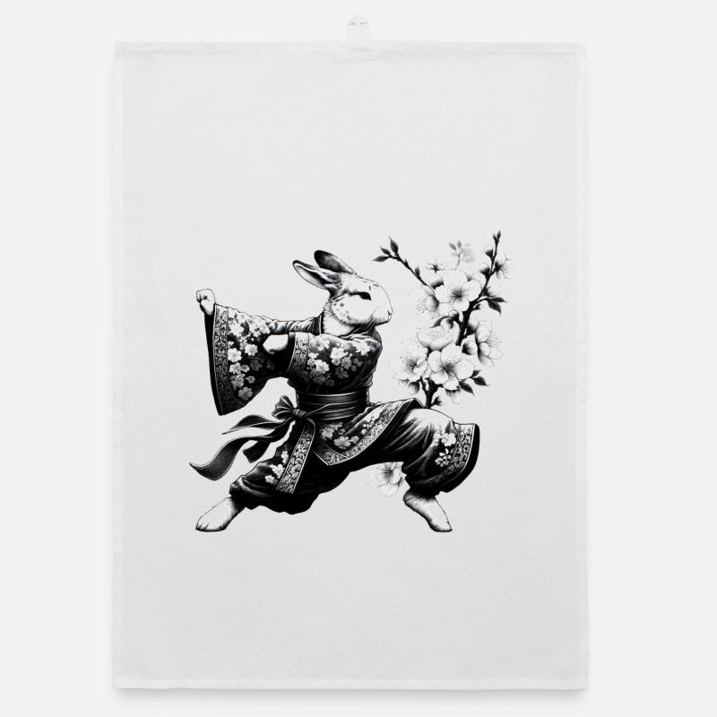 Bunny with kimono in a kung fu fighting position Organic dish towel