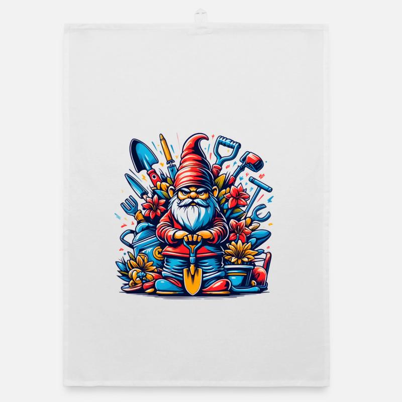 Colorful, grim garden gnome with flowers & tools Organic dish towel