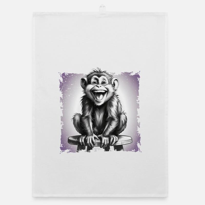 Monkey laughing sitting on stool Organic dish towel