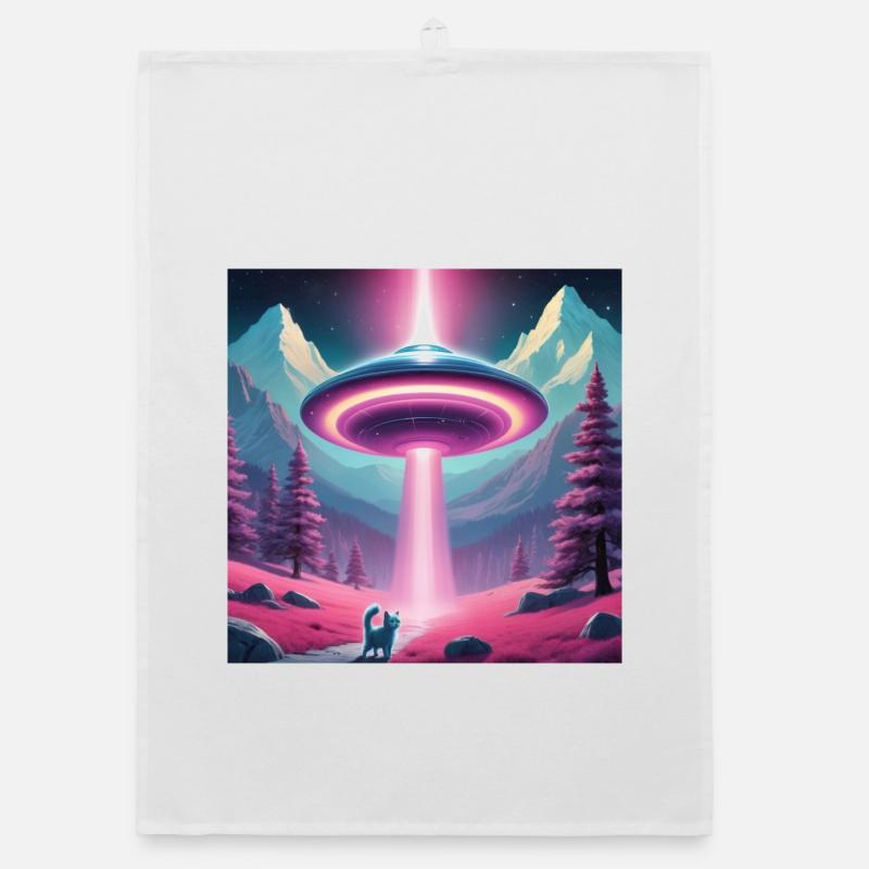 Ufo mit Kätzchen - Organic Geschirrtuch - Weiß