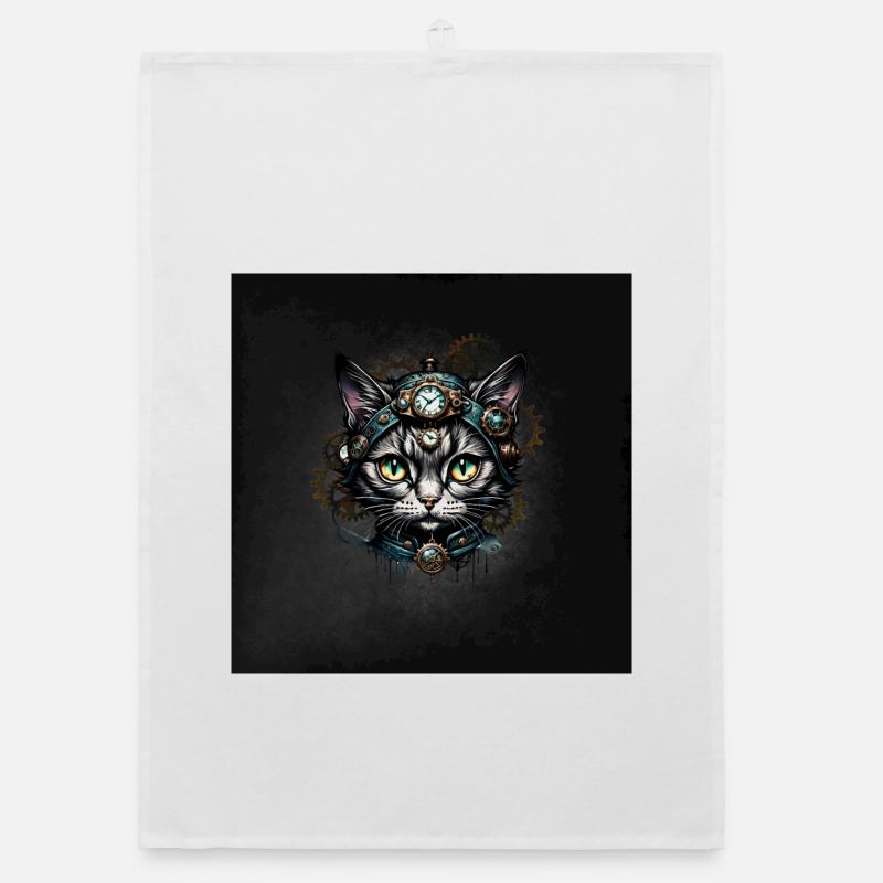 Cute steampunk cat with clocks and gears. Organic dish towel