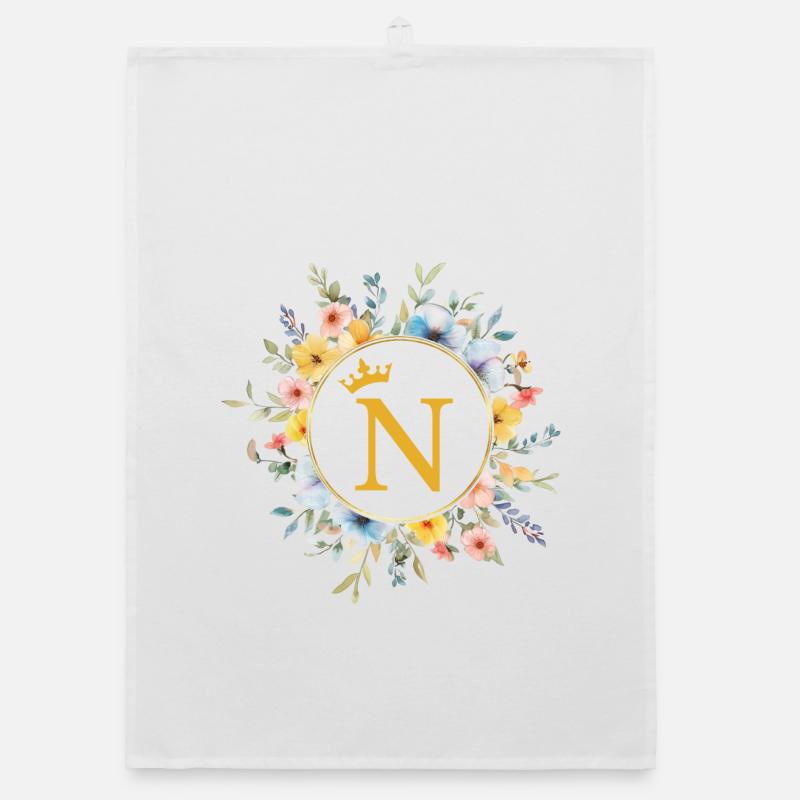 N Monogram, Flower Circle, Personalizable Organic dish towel