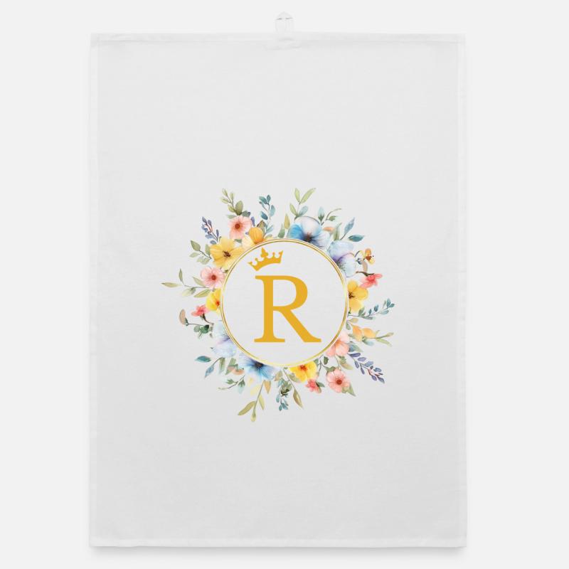 R Monogram, Flower Circle, Personalizable Organic dish towel