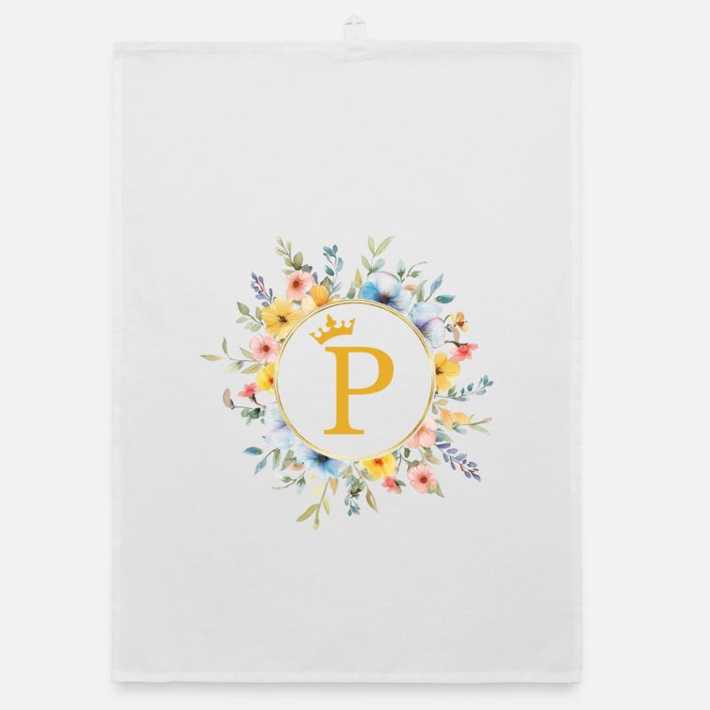 P Monogram, Flower Circle, Personalizable Organic dish towel
